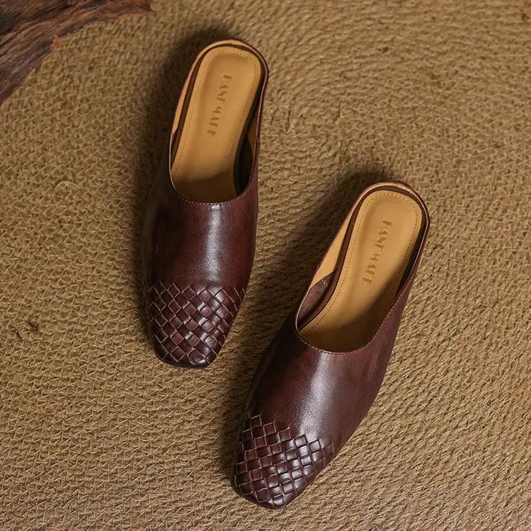 Chic women's footwear: slip-on woven mules with a fashionable square toe and low heel.