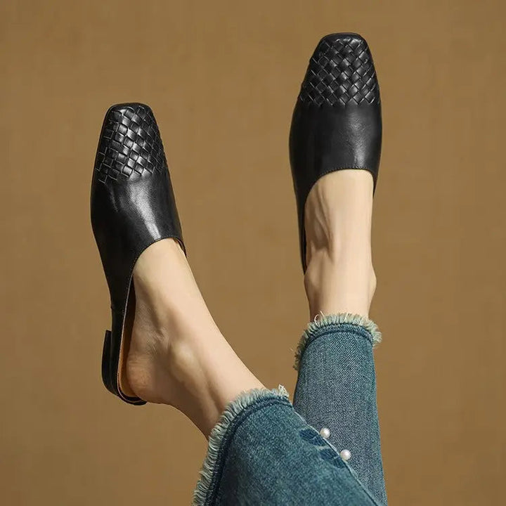 Women's comfortable woven low heel mules, modern square toe, versatile for any outfit.
