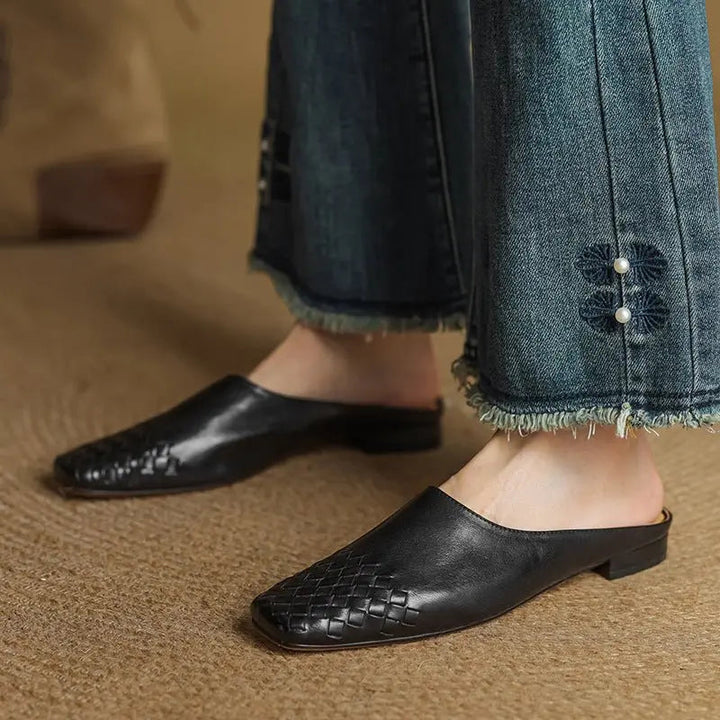 Stylish women's woven square toe mules, comfortable slip-on design with a low heel.