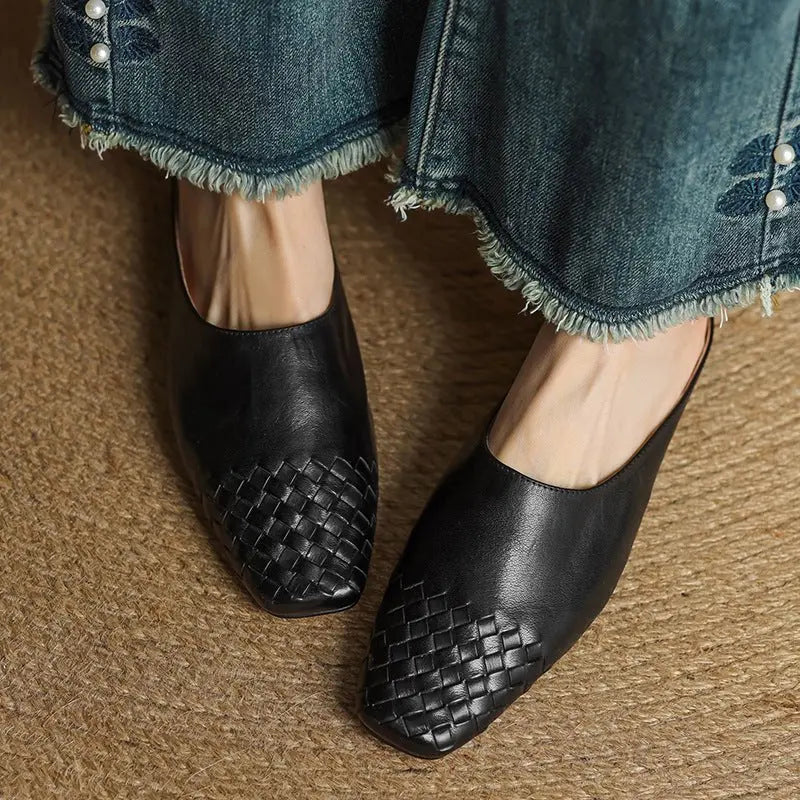 Women's versatile woven mules, elegant square toe, comfortable low heel footwear.
