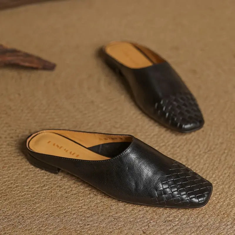 Comfortable women's low heel mules, woven design, square toe, perfect for daily wear.