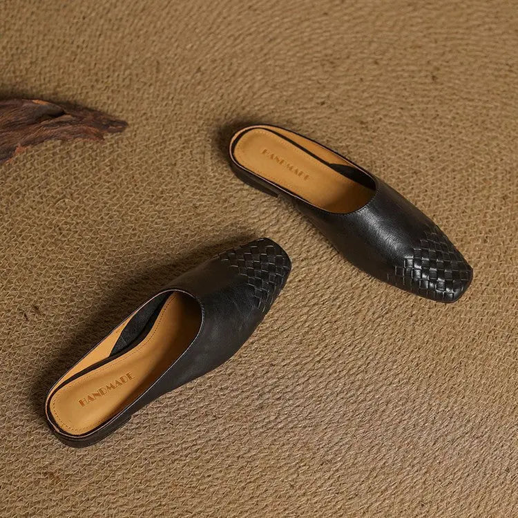 Elegant women's slip-on woven square toe mules, low heel for sophisticated comfort.