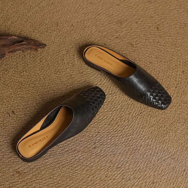 Elegant women's slip-on woven square toe mules, low heel for sophisticated comfort.