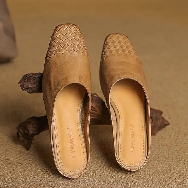 Elegant low heel mules for women, crafted with a unique woven texture and square toe.