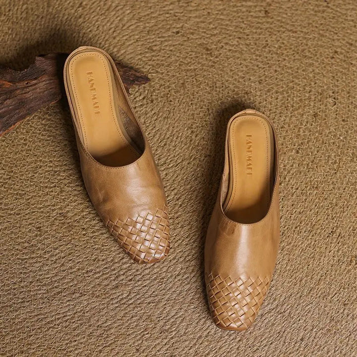 Stylish women's slip-on mules, woven finish, comfortable low heel, square toe.