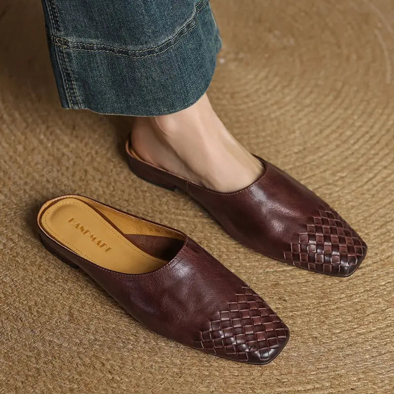 Spring/summer women's woven mules, elegant square toe, comfortable low heel footwear.
