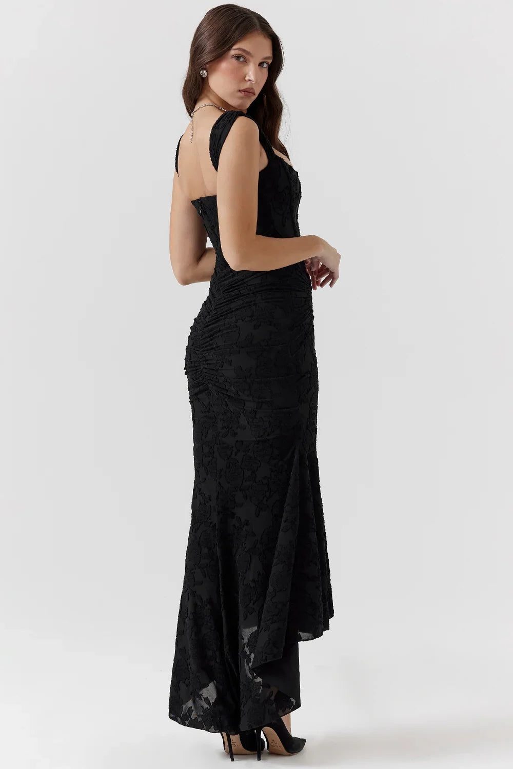 Flattering women's black wrap midi dress, an essential for elegant gatherings.