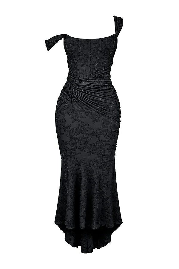 Black semi-formal wrap midi dress for women, offering timeless elegance.