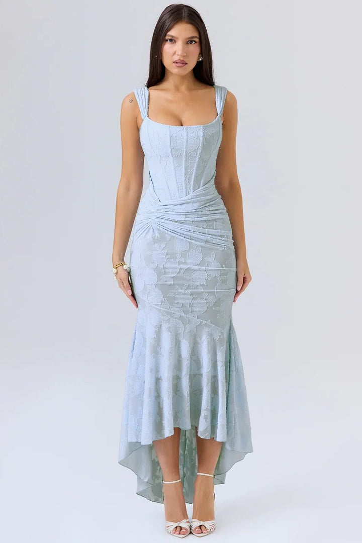 Women's elegant wrap midi dress, perfect for wedding guests & semi-formal occasions.