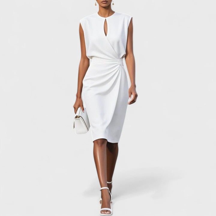 Flattering sleeveless wrap midi dress for women, ideal as a formal wedding guest outfit.