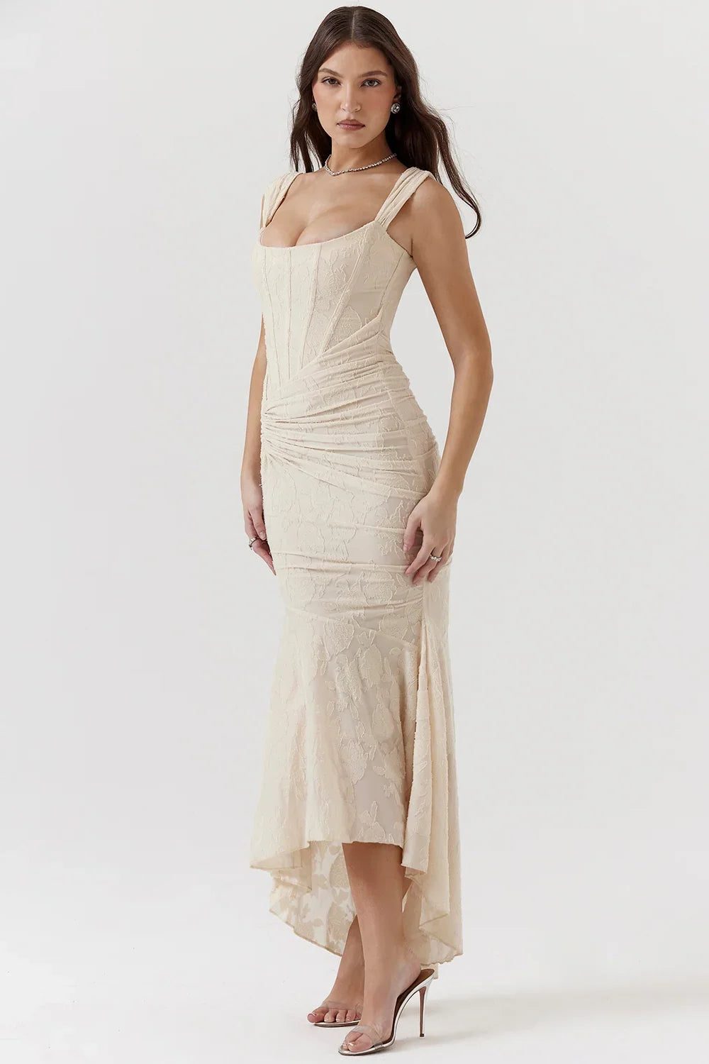 Cream wedding guest midi dress with wrap front, a beautiful women's garment.