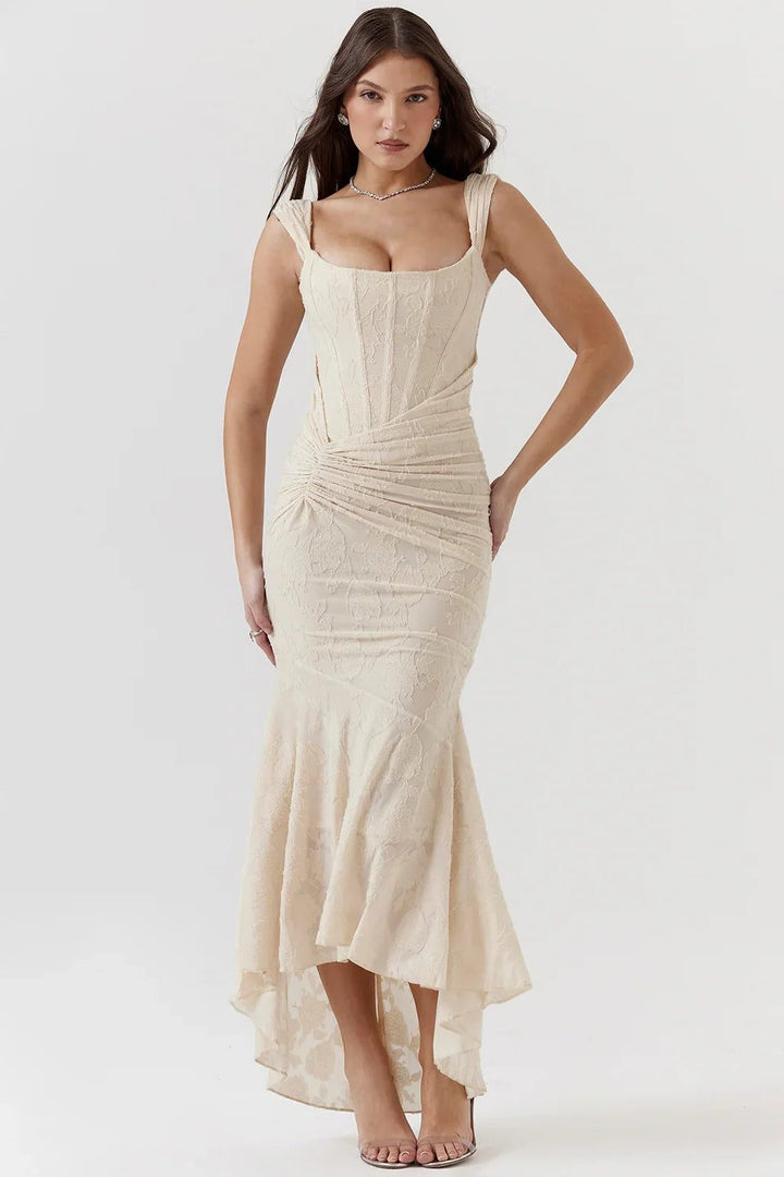 Elegant cream wrap midi dress, perfect for women attending weddings or parties.