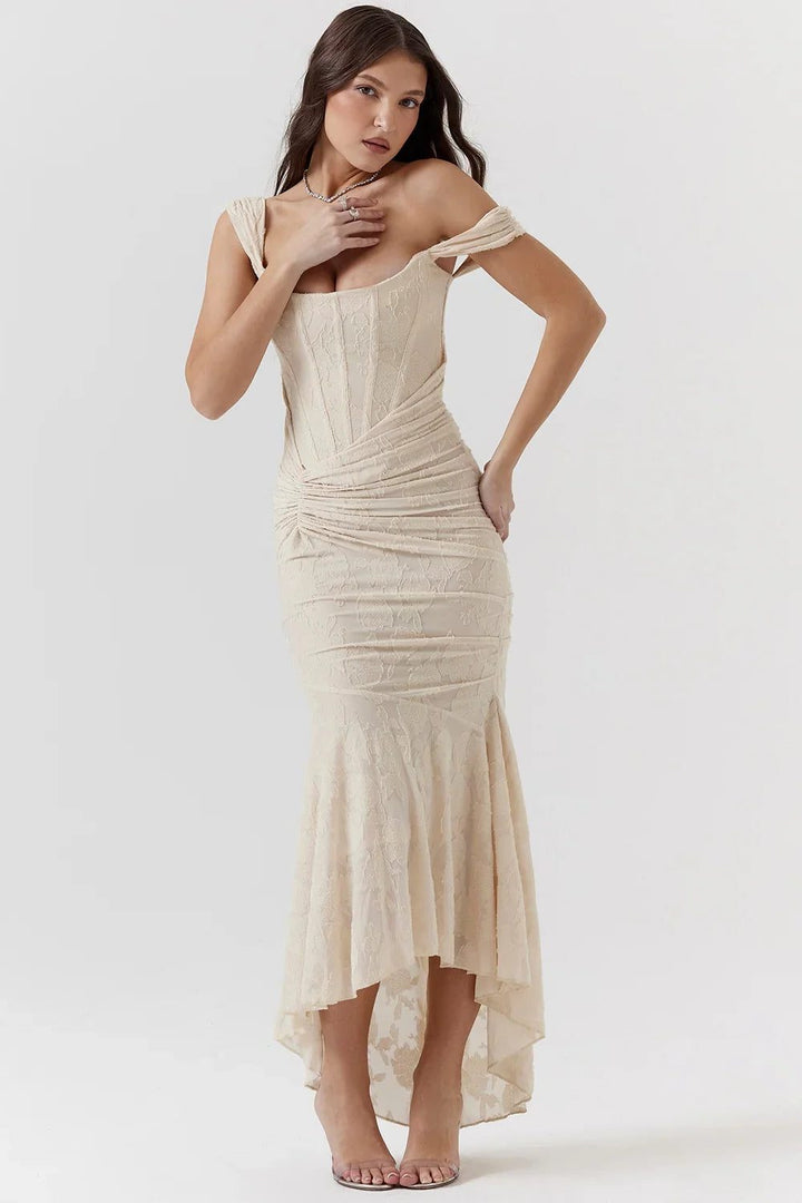 Blue women's semi-formal midi dress with a flattering wrap silhouette.