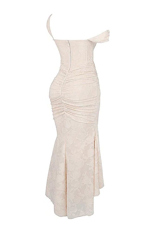 Cream elegant occasion wear wrap midi dress, a flattering choice for women guests.