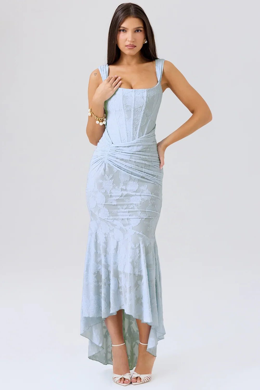 Stylish women's blue wrap midi dress, ideal for wedding guest outfits and parties.