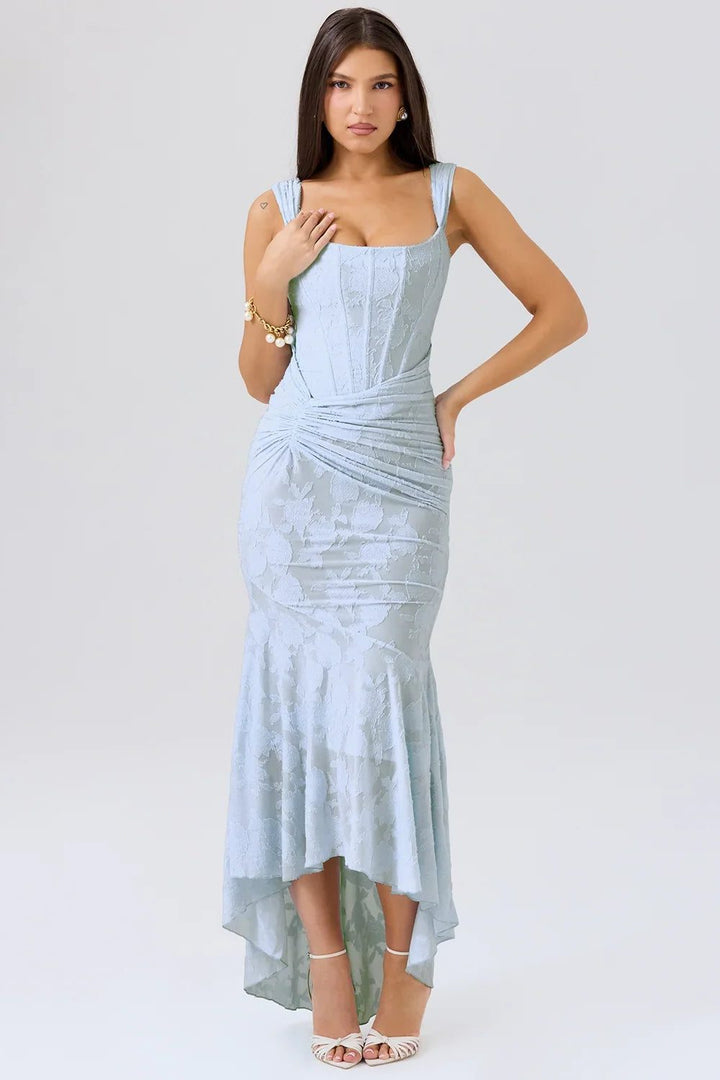 Stylish women's blue wrap midi dress, ideal for wedding guest outfits and parties.