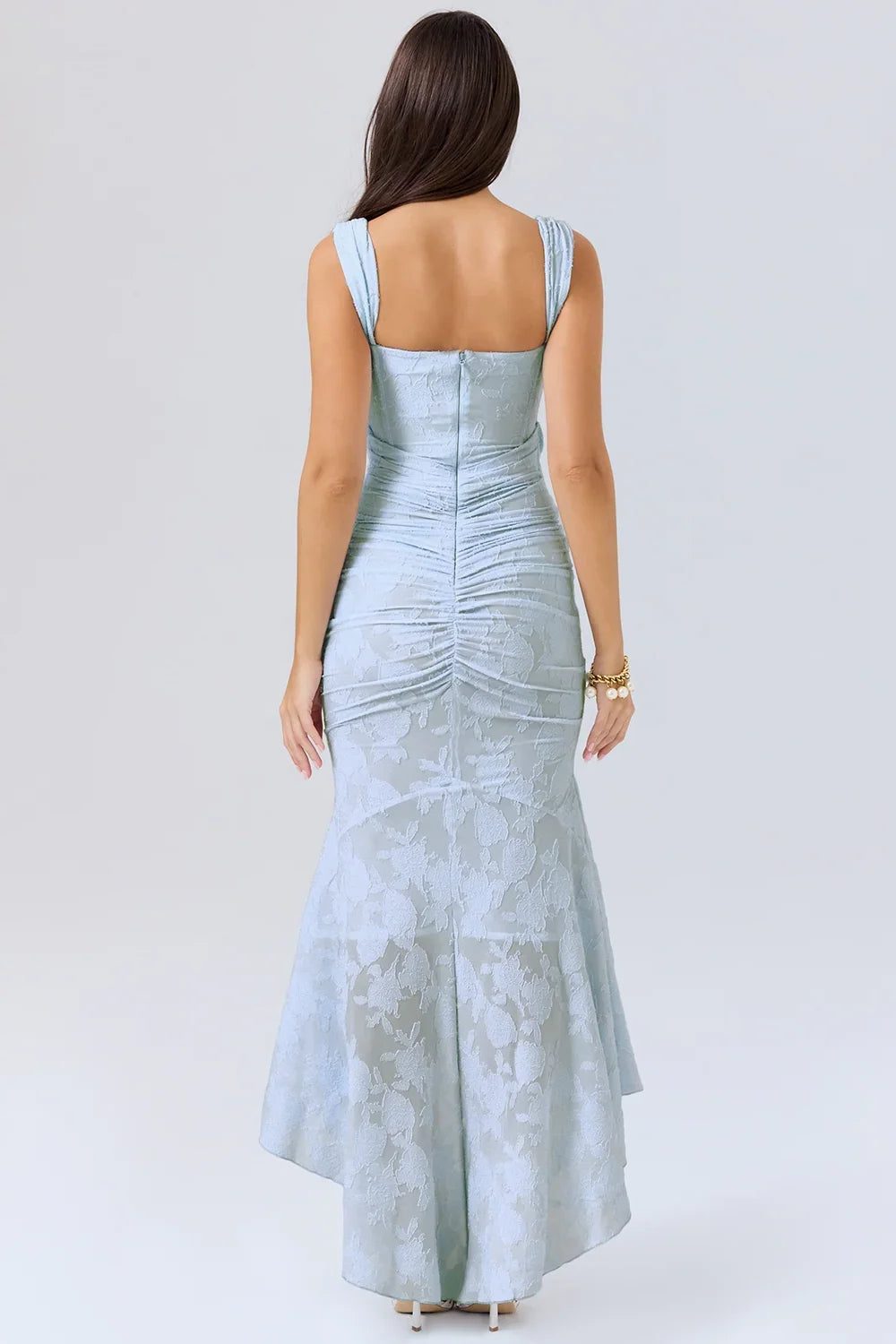 Cream women's wedding guest midi dress with flattering wrap style.