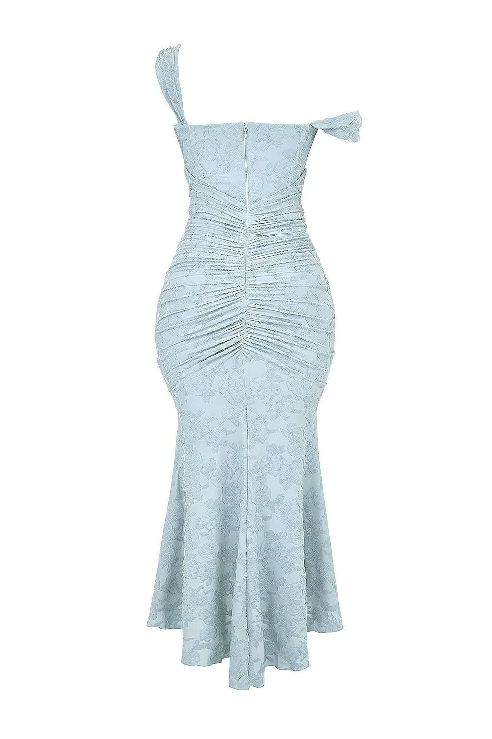 Elegant women's blue midi wrap dress, flattering for various body types.