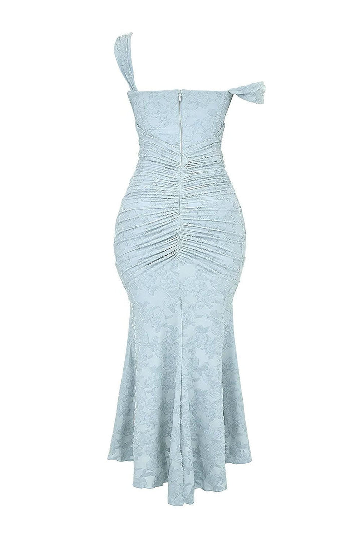 Elegant women's blue midi wrap dress, flattering for various body types.
