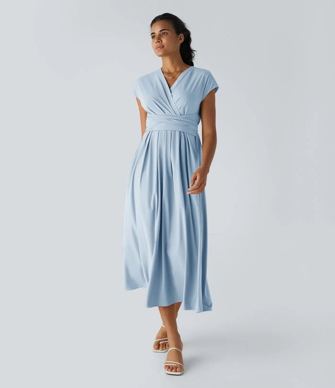 Women's elegant wrap midi dress with V-neck, short sleeves & high waist. Perfect for casual or formal wear.