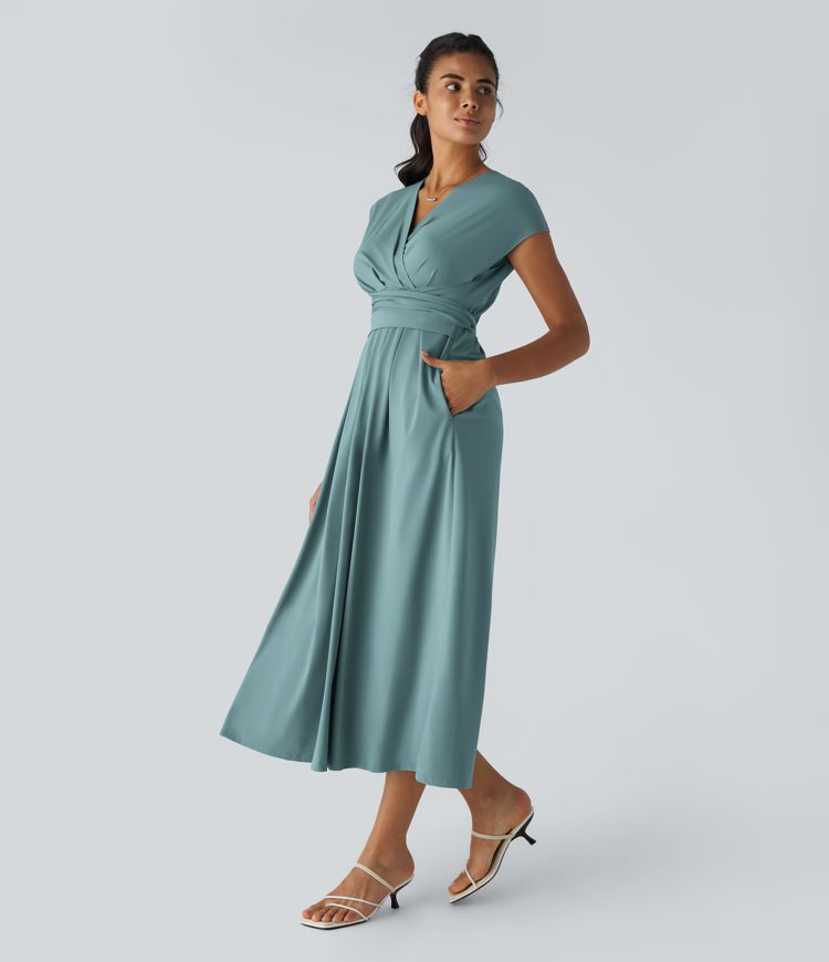 Women's V-neck wrap midi dress with short sleeves & high waist. An elegant, all-season dress for ladies.