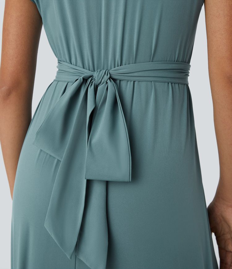 Ladies flattering wrap midi dress. V-neck, short sleeves, high waist. Excellent for versatile, all-season looks.