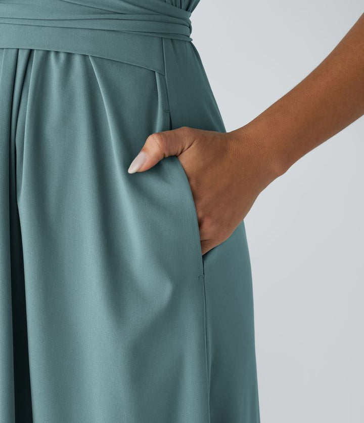 Women's elegant and casual wrap midi dress. V-neck, short sleeves, high waist. A perfect addition to any wardrobe.