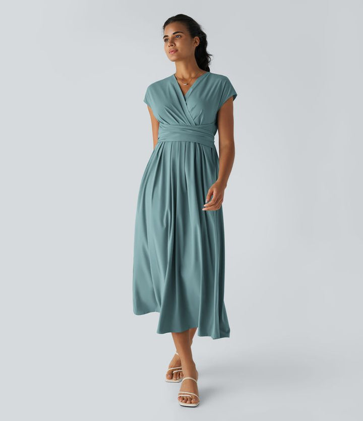 Flattering women's V-neck wrap midi dress, short sleeve & high waist. A chic, all-season ladies fashion choice.