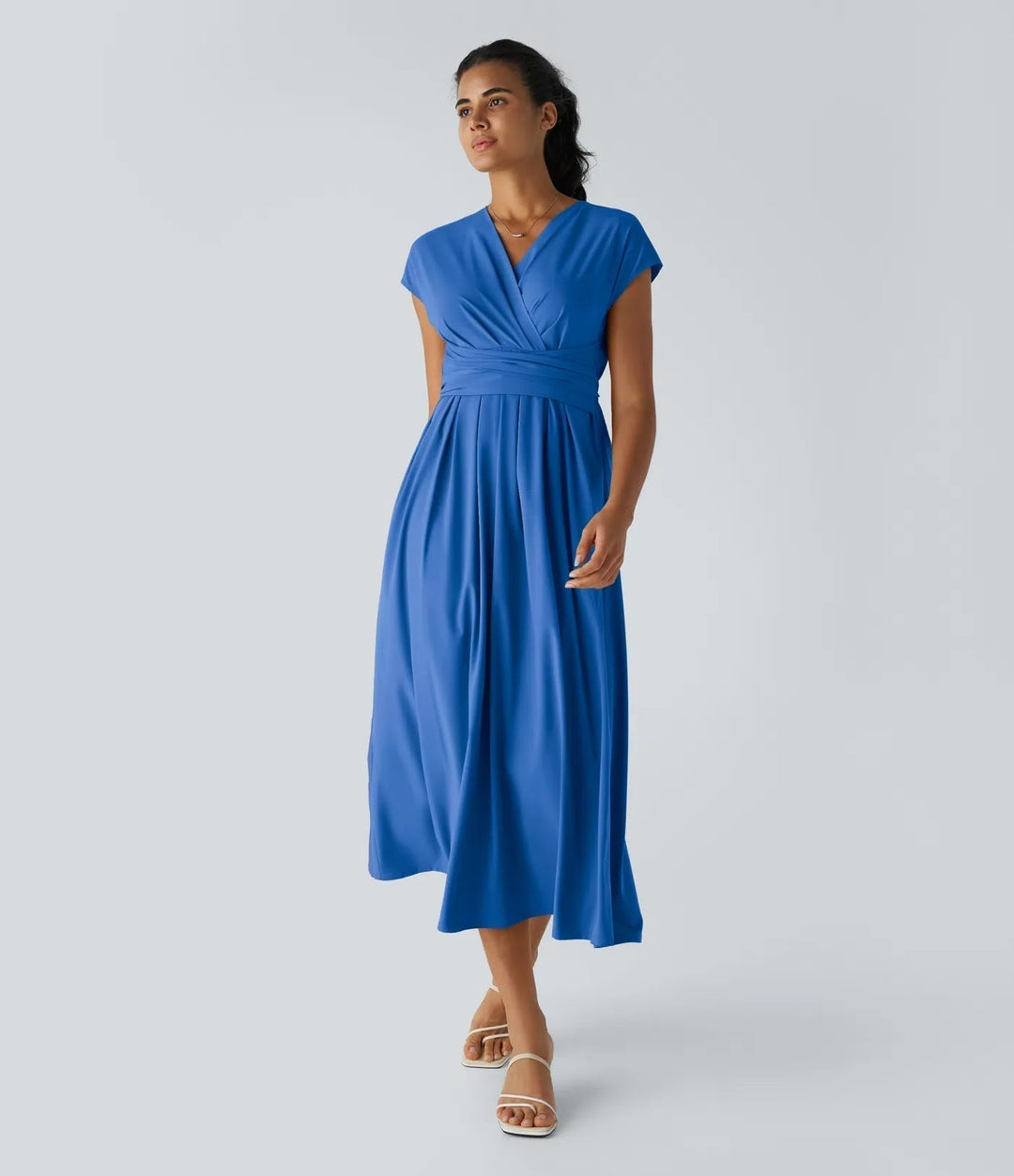 Versatile women's high-waist wrap midi dress with V-neck & short sleeves. Suitable for elegant casual outfits.