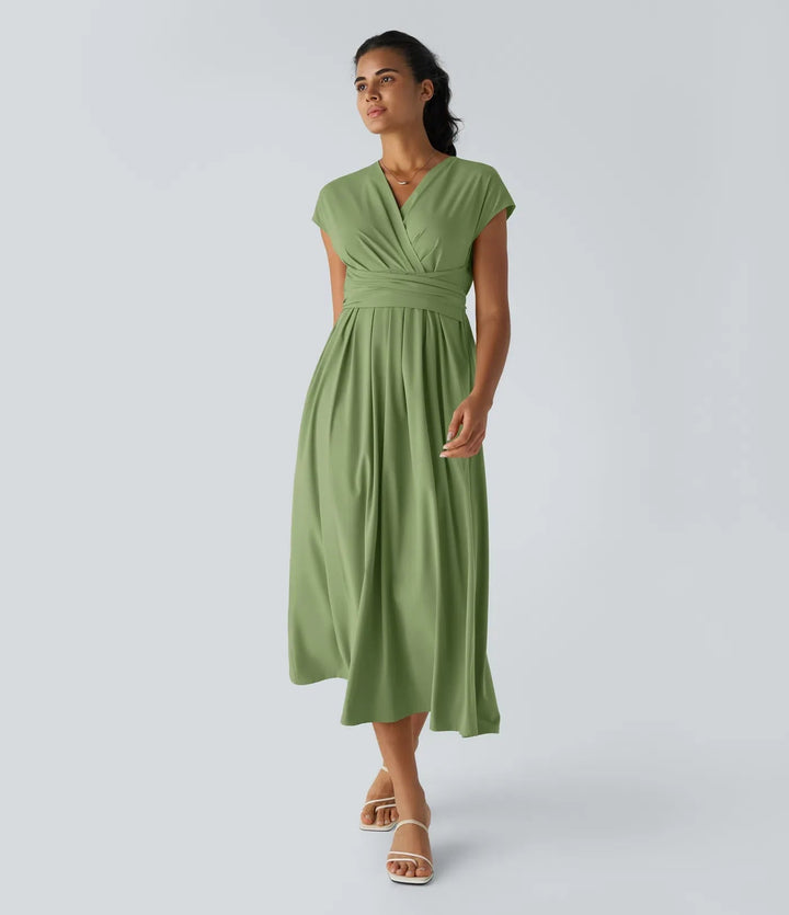 Chic women's short sleeve V-neck wrap midi dress. High waist design for a flattering, modern look.
