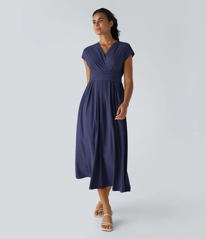 Elegant women's short sleeve wrap midi dress with V-neck & high waist. Perfect for formal or casual styling.