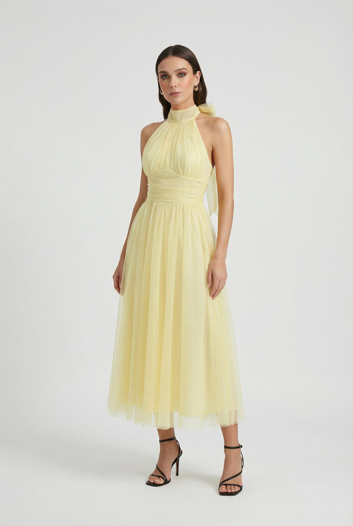Women's elegant yellow high neck midi sleeveless dress, perfect for day to night wear.