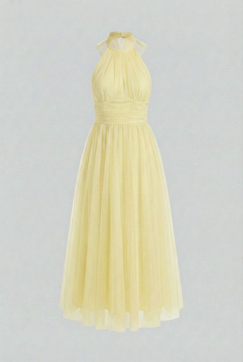 Shop this women's yellow high neck midi dress, a versatile and comfortable fashion choice.