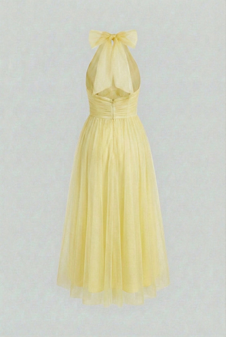 Elegant sleeveless yellow midi dress featuring a modern high neck, perfect for any occasion.