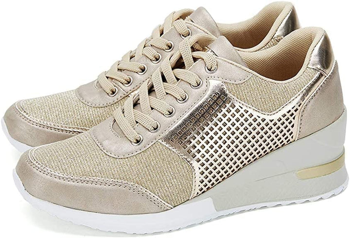 Stylish women's wedge walking shoes with a comfortable platform sole, designed for all-day wear and elevated fashion.