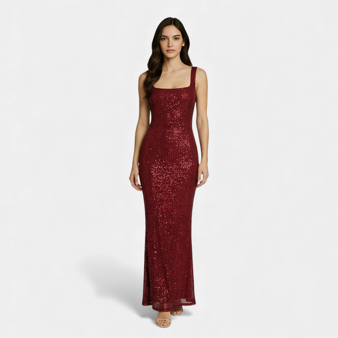 Women's embellished maxi dress with square neck and low back. Perfect for formal evenings and parties.