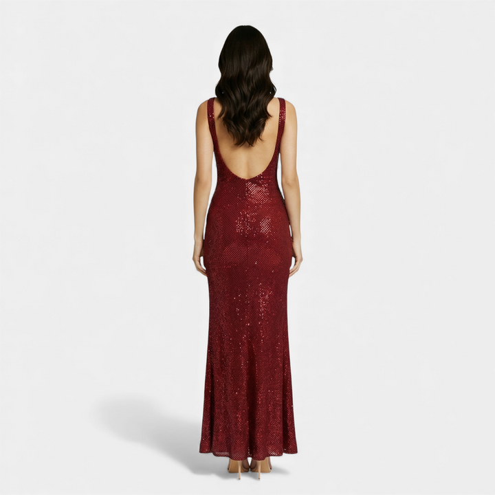 Elegant embellished women's formal maxi dress, sleeveless with a chic square neckline & alluring low back design.