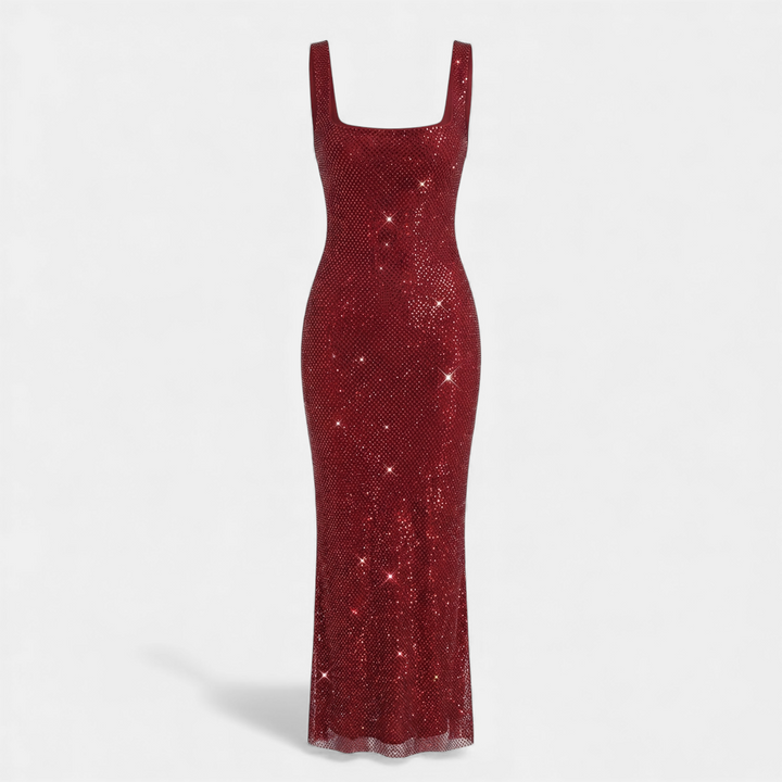 Stunning women's party maxi dress, embellished, featuring a flattering square neck and sophisticated low back.