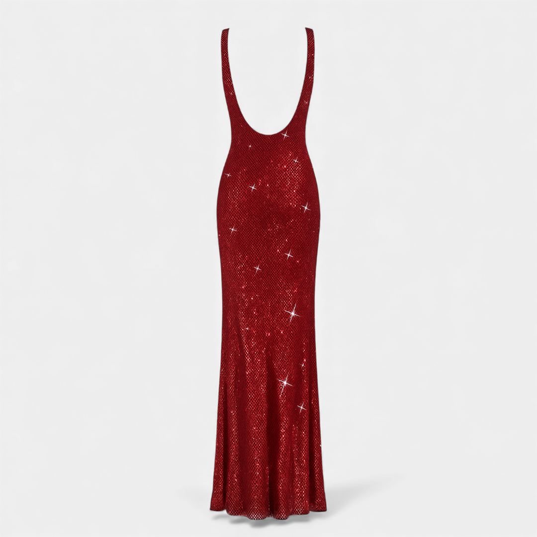 Flowy women's embellished evening gown, with a sophisticated square neck and elegant low back for special events.