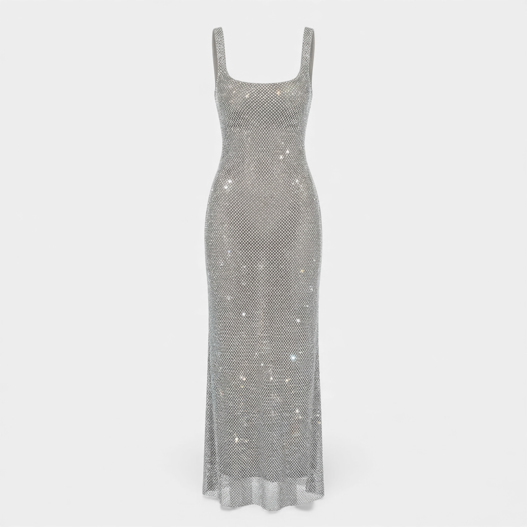 Sparkling embellished women's maxi dress. Square neck, low back design. Perfect evening gown or formal party dress.