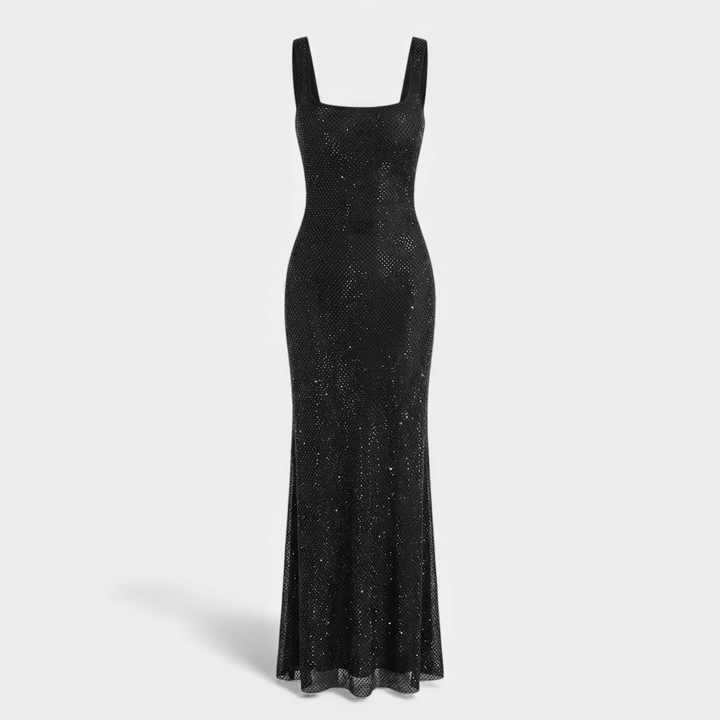 Beautiful women's formal party maxi dress, embellished, with a stylish square neckline and elegant low back detail.