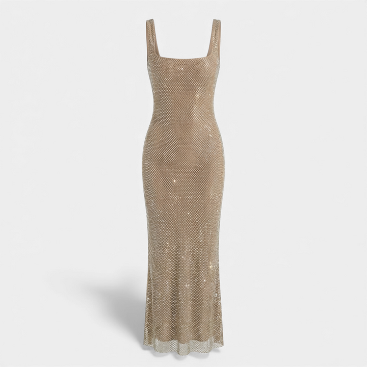 Gorgeous women's embellished maxi dress. Square neck & low back. An exquisite evening gown for any formal occasion.
