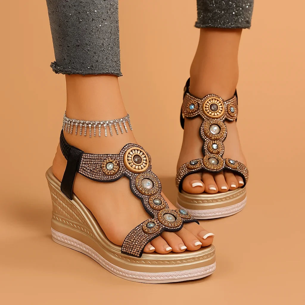 Women's embellished platform wedge sandals with sparkling T-strap design. Perfect for summer dress occasions.