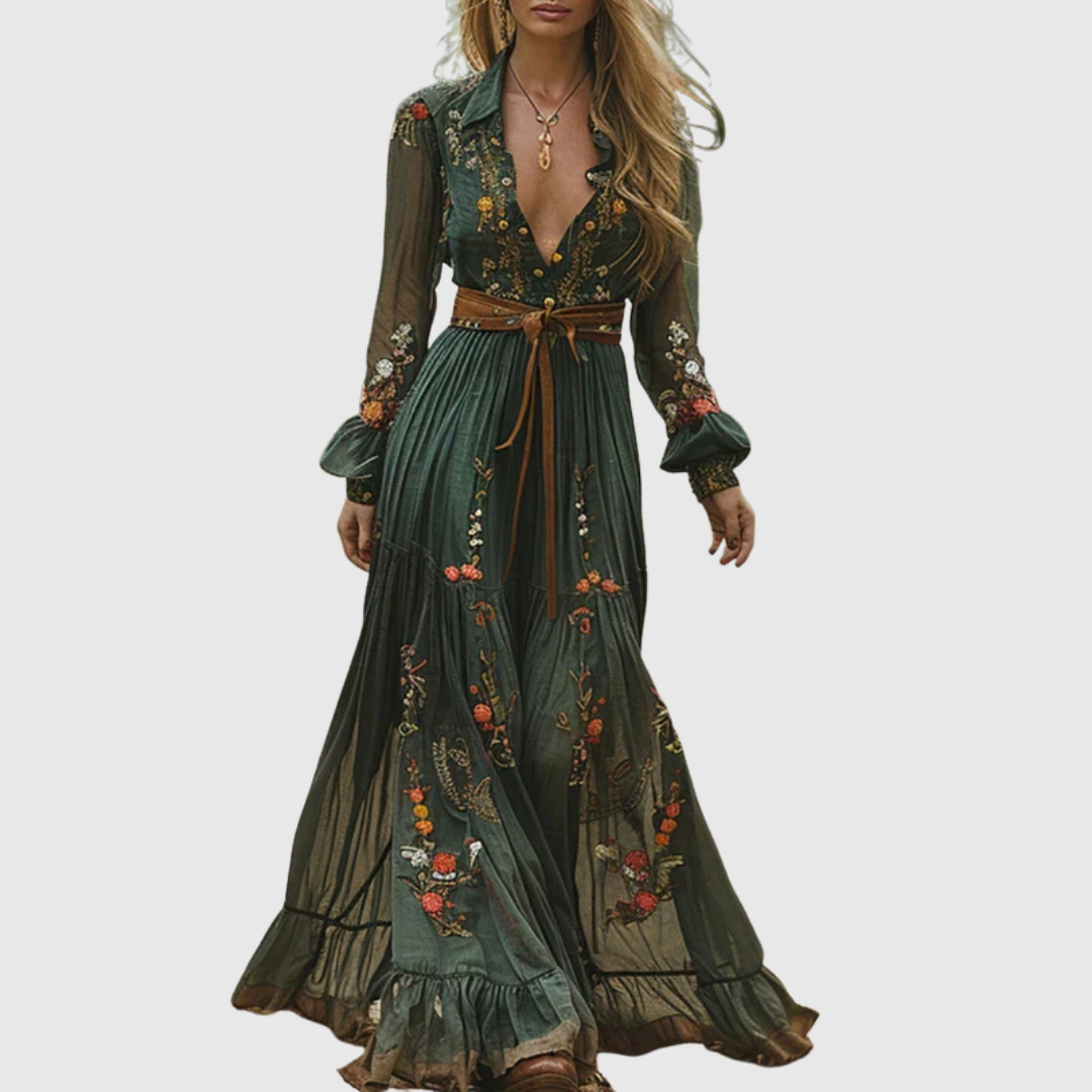 Women's embroidered boho maxi dress with sheer sleeves & ruffle hem, perfect for elegant evening wear.