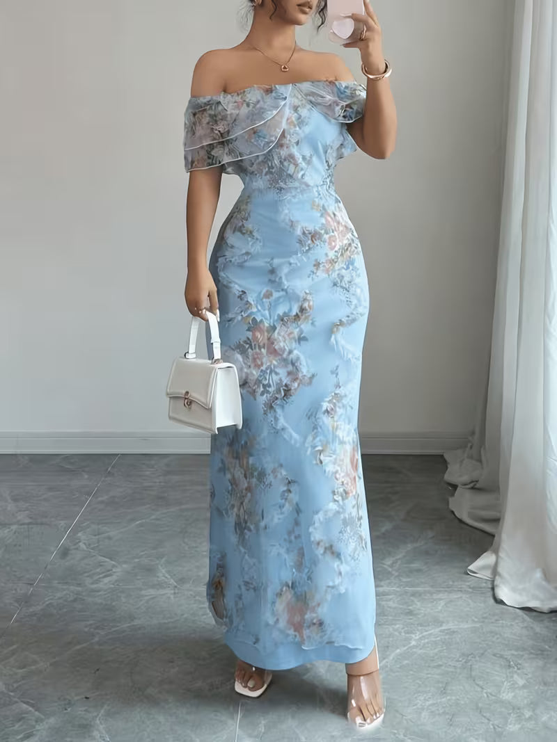 Women's embroidered off-shoulder maxi dress, short sleeve. Elegant evening & formal wear for special occasions.