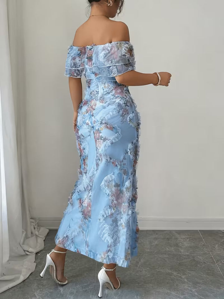 Light blue embroidered off-shoulder maxi dress for women, short sleeve. Perfect for elegant evening events.