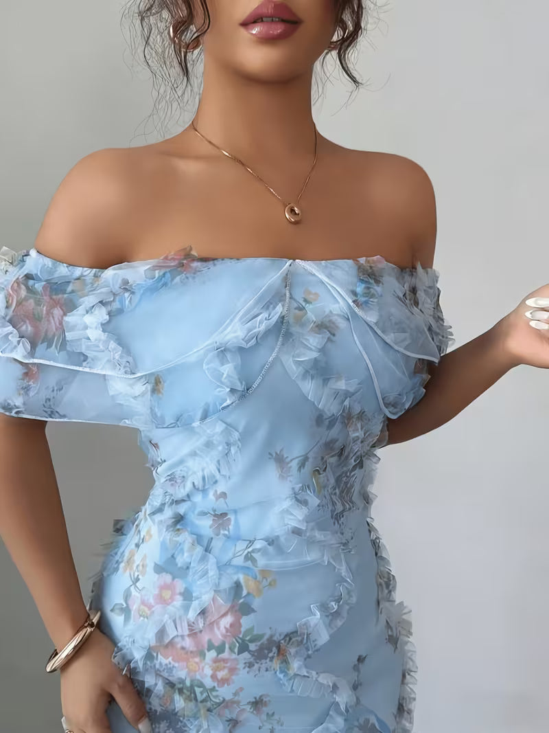 White romantic embroidered off-shoulder maxi dress, short sleeve. Women's formal evening wear.