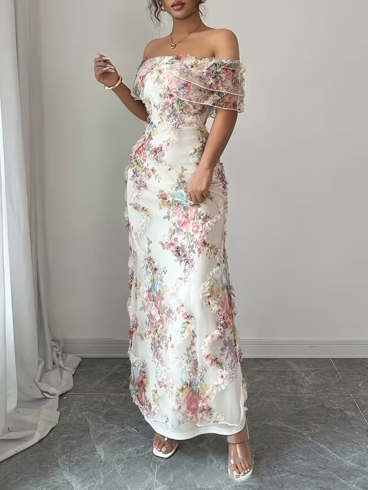 Elegant women's short sleeve off-shoulder maxi dress with intricate embroidery. Ideal for evening & parties.