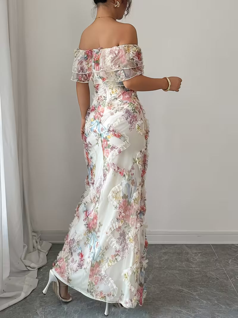 Women's embroidered off-shoulder maxi dress, short sleeve. Chic & romantic formal evening gown.