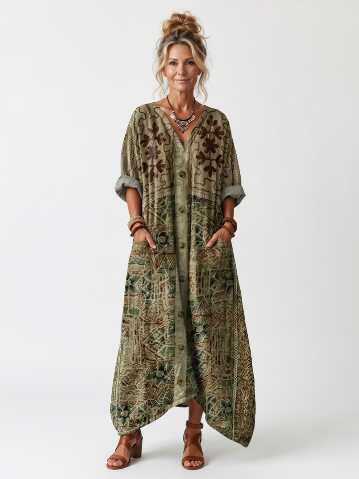 Women's embroidered oversized midi dress with button front, V-neck, and pockets for casual summer comfort.